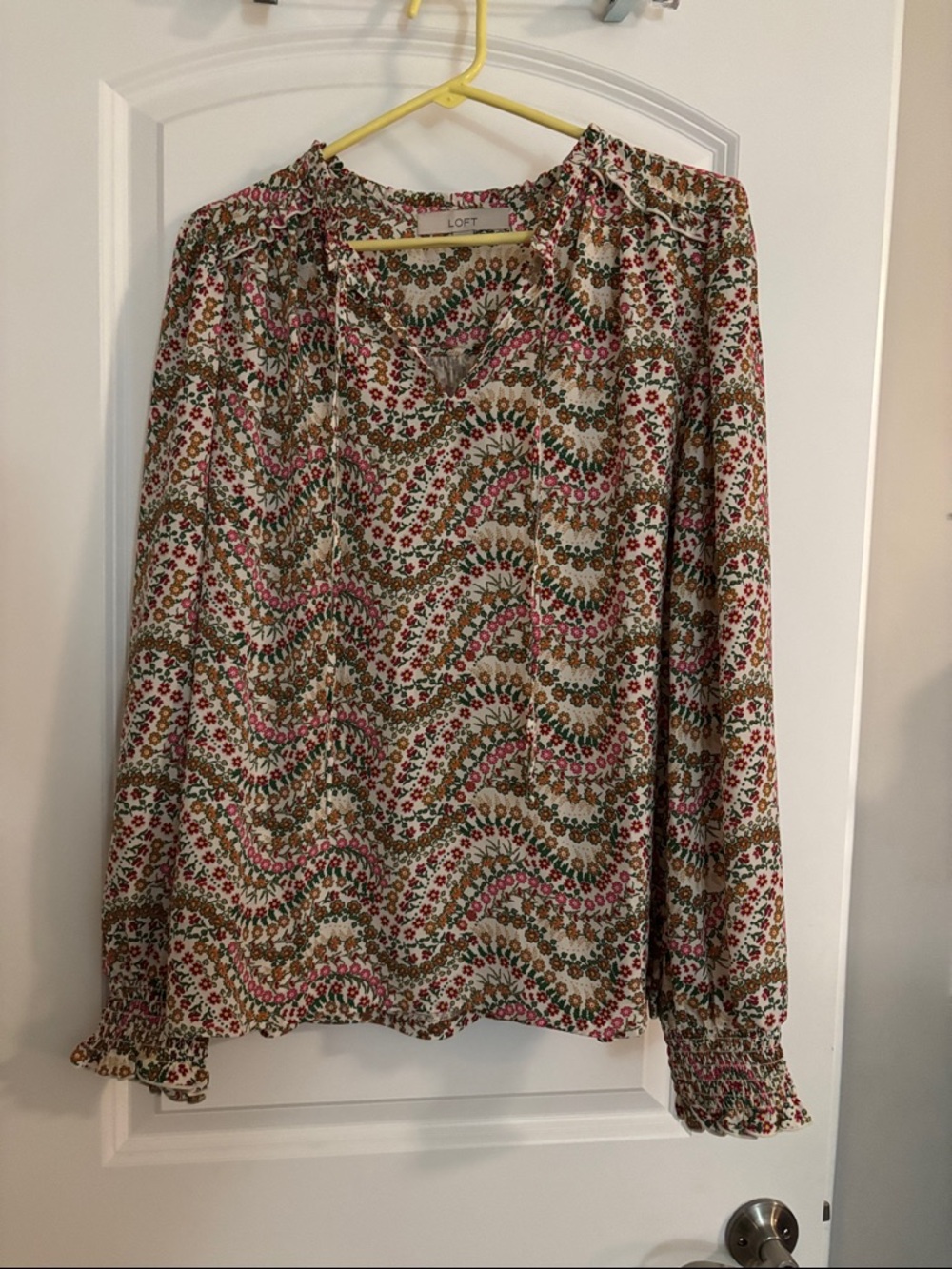 LOFT Wave Floral V-Neck Long Sleeve Blouse in Cream, Pink and Brown